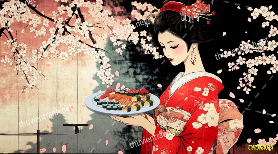 Tranh dán tường hoa cô gái Geisha Nhật Bản-JP250730-18 - Tranh tường chất lượng cao